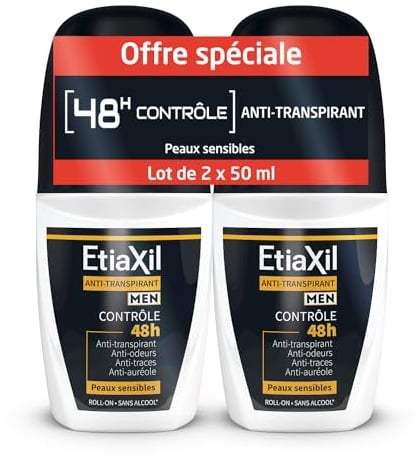 ETIAXIL Deodorant gegen Schwitzen – für Herren – mäßiges Schwitzen – Achseln – Kontrolle 48 Stunden – Roll-on – 50 ml – 2 Stück