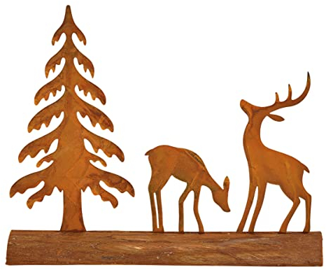 Dekofigur im Rost Design Hirsch im Wald auf Holzsockel, Deko Fensterbank, Tür Deko