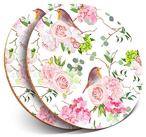 2 x Round Coasters - Pretty Robin Bird Pink Rose Flower - Cork Backed Home Kitchen Accessory Tea Coffee Mug Mat #15920