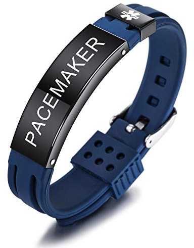 MOWOM Medical SOS Notfall Armband Personalisiertes Gravur Silikon Edelstahl Namensarmband Männer Damen Jungen Mädchen - Bündel mit Notfallkarte, Kartenhülle (Blau Pacemaker)