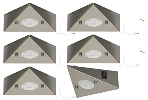 Trango 6er Set 6739-62 Küchenunterbauleuchte inkl. 6x 4,8 Watt LED Modul 3000K warmweiß *COOK* Einbauleuchte - Einbaustrahler aus Edelstahl – Schalter - Dreieckleuchte - Schrankleuchte - Küchenleuchte