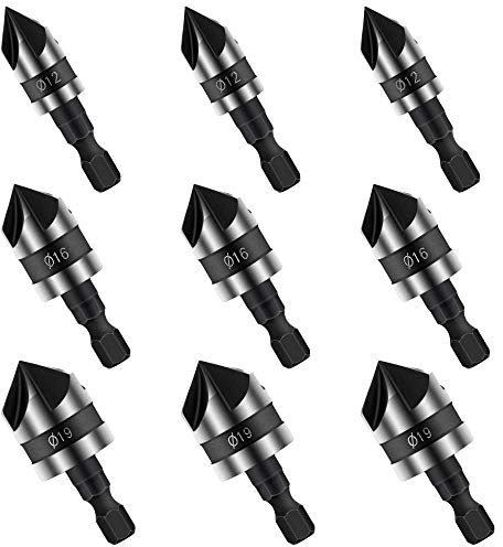Huayue 9pcs Fraise à Chanfreiner 90 Degrés, 5 Flûte Fraise à Chanfreiner Fraise Conique HSS 1/4 Hex Fraises à Noyer Outil De Coupe De Chanfreinage De Bois 12/16/19mm