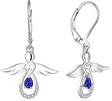 FJ Damen Schutzengel Ohrringe 925 Sterling Silber Hängend Mit Saphir - September Geburtsstein Schmuck Geschenke für Frauen Mädchen