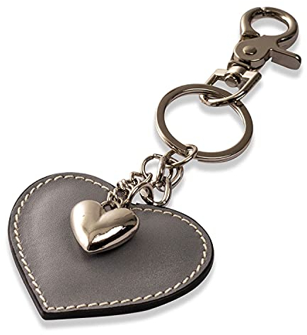 Schlüsselanhänger mit Herz aus Leder und ein Schmuck Herz aus Metall mit Karabiner Schlüsselband für Auto Geschenke für Frauen Männer Valentinstag Geburtstag Muttertag Made in Italy (Grau)