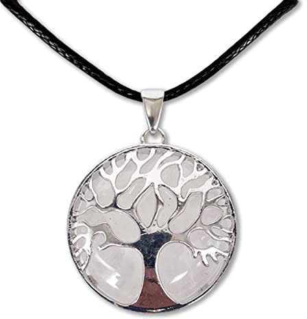 Collana con albero della vita, ciondolo in pietra naturale energetica, varie pietre semipreziose, Quarzo bianco