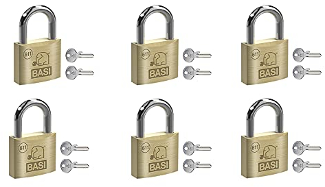 BASI | Vorhangschloss 6er Set | 40 mm | gleichschließend | massives Messing-Gehäuse | gehärteter Stahlbügel | robustes Vorhängeschloss | Bügelstärke 6 mm | 6 Stück