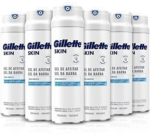 Gillette SKIN Ultra Sensitive Rasiergel, 6 Stück à 200 ml, schützt, beruhigt und erfrischt, mit duftender und angenehmer Formel, Sheabutter und Vitamin E, ohne Farbstoffe und Alkohol