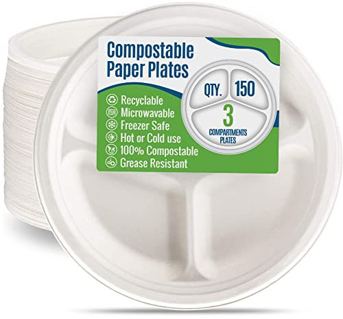 Paper Plates 9 inch 3 Compartment [150 Count] White Heavy-Duty - Microwavable, Hot & Cold, Sturdy Grease Resistant, Eco-Friendly, Food Grade Sugar Cane Fiber