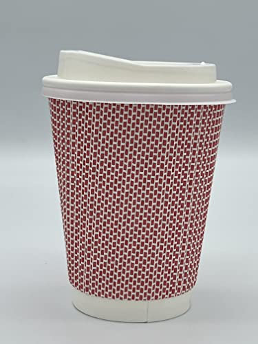 HOT BARGAINS, 200 x 12oz / 360ml Disposable Coffee Cups with Lids Leak Proof Triple Layered Recyclable Paper Cups for Hot and Cold Drinks Takeaway Cups (RED & White)