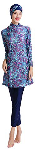 ABEUTY Full Suit Muslim Swimming Costume Women Plus Size Swimwear Burkini Print Islamic Detachable Hijab Modest Swimsuit, blau, 52