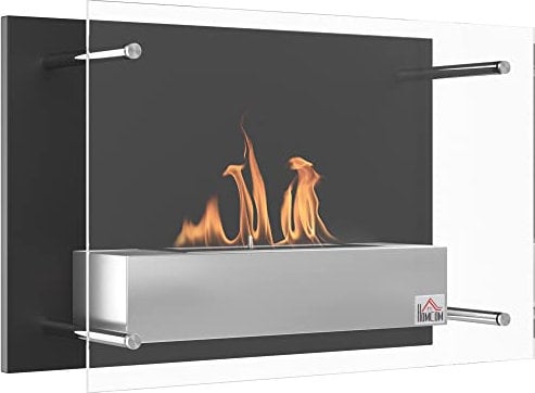 HOMCOM Caminetto a bioetanolo a parete Bruciatore da 1,5 L, circa 3 ore di autonomia Dim. 60L x 22L x 40H cm Copertura 20-25 m² Acciaio inox