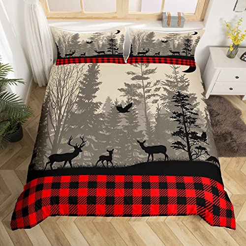 Bettwäsche-Set mit Hirsch-Silhouette, King-Size-Bett, Retro, rot, schwarz, kariert, Bettdeckenbezug mit 2 Kissenbezügen, Tagesdecke, rustikaler Vogel-Mond-Druck, Mikrofaser-Bettbezug für erwachsene