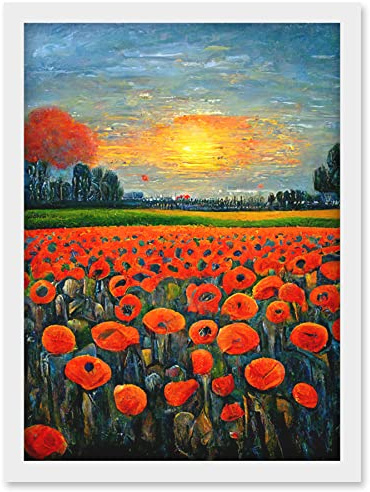Doppelganger33 LTD Flanders Field At Sunset Expressionism Oil Paint Poppy Flowers Artwork Framed Wall Art Print A4
