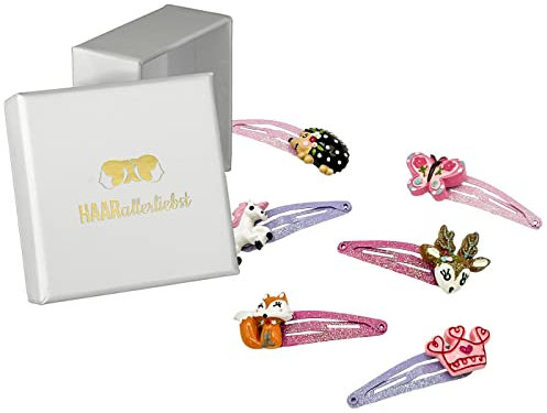 Haarallerliebst Haarspangen Set für Kinder – 6 Stück Tiere mit Glitzer Spangen inkl. Aufbewahrungsbox weiss – Ideal für dünnes bis dickes Haar