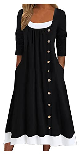 Fancy Dress for Women UK Casual Crewneck Long Sleeve Pullover Patchwork Pleated Solid Color Button Dress Ladies Trendy Tunic Dresses Activewear Dresses for Vacation Cocktail Formal Work Wedding Black