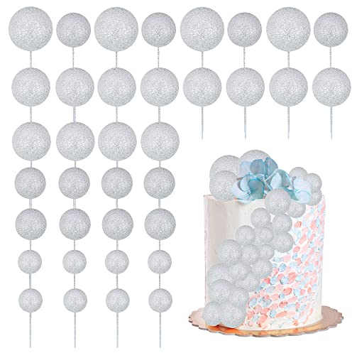 30Pcs Balls Cake Topper Glitter Foam Ball Cake Picks Mini Balloon Cupcake Insert Bubble Balls DIY Decoration for Baby Shower Wedding Anniversary Kids Birthday Graduation Party Cake Decorations Silver