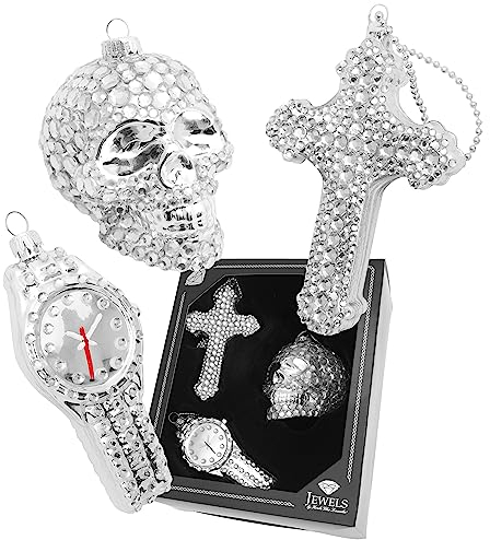 Krebs Glas Lauscha - Christbaumdekoration/Weihnachtsbaumanhänger Set aus Glas - Sub Culture Xmas - Motiv: Uhr, Totenkopf, Kreuz - Farbe: Silber mit Strasssteinen - Größe: 8-13 cm - Anzahl: 3 Stück