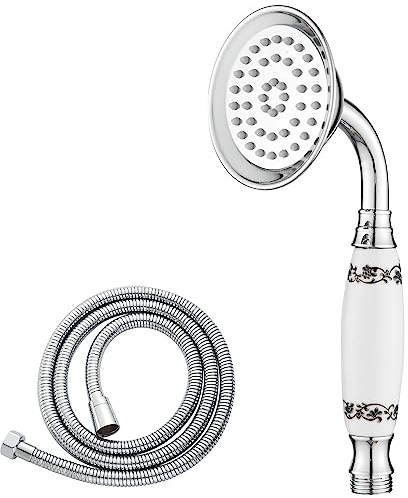 Maynosi Pommeau de Douche Classique, Douchette à Main Style Téléphone Traditionnel, Rétro à Poignée Céramique, Douchette à main Victorienne Avec Tuyau de 1,5 M, Chromé (Céramique à Motifs)