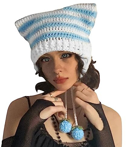 Achlibe Cat Beanies for Women Winter Cat Ear Hat Grunge Goth Crochet Beanie Warmer Skullcap, blau, Einheitsgröße