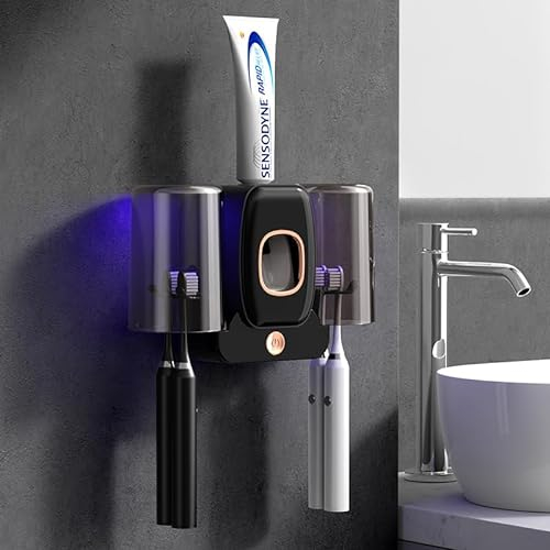 UV-Zahnbürsten-Desinfektionsmittel, Badezimmer-Zahnbürstenhalter Wandmontage, mit Sterilisatorventilator, Trocknungsfunktion, Zahnbürstenreiniger, Sterilisator, intelligenter Schwarz