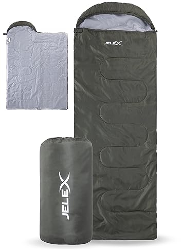 JELEX Outdoor Camping ultraleichter Schlafsack 220 x 75 cm, Komfortbereich 15 °C, mit Kapuzen-Kopfteil und Deckenfunktion, aus antistatisches Material (grün)