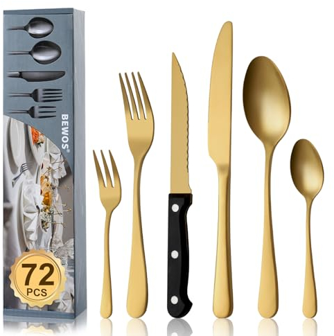 BEWOS Juego de Oro cubiertos para 12 personas, cuberteria acero inoxidable de 72 piezas con cuchillos para carne, Cuchillo Cuchara Tenedor Cubiertos Set Espejo Pulido, Apto para Lavavajillas