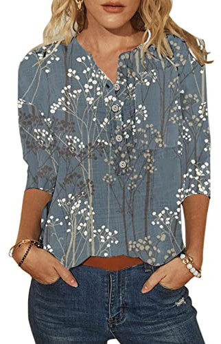 Cocila Tops for Women UK Casual Floral Three Quarter Sleeve Round Neck Tee Shirt Fashion Printed Flower Loose Side Split Blouse Tunic Summer Long Sleeve T Shirts Women…