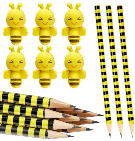 Tenare 12 Set Schulabschluss Geschenke für Kinder Enthalten 12 Biene Bleistifte und 12 Süß Biene Radiergummis Multipack Schreibwaren Zubehör für Party Mitgebsel Weihnachten Geburtstag Klasse Geschenk