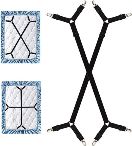 2pcs Sangles de Support de Drap de lit Longues réglables Pinces pour Drap de lit, Tendeurs réglables en Croix pour Drap-Housse, Compatibles avec Tous Les Matelas carrés - Noir