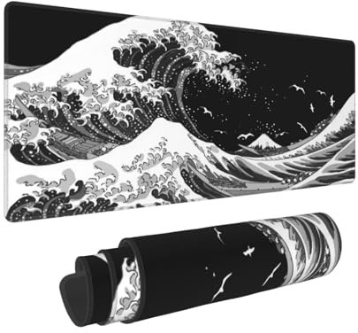 Black and White Japan Japanese Sea Wave Gaming Mouse Pad 31.5 X 11.8 Inch XL Extended Large Keyboard Non-Slip Rubber Base with Stitched Edges for Home Office