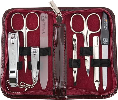 DREI SCHWERTER - Maniküreset 'Roma' - Nageletui mit 8 Instrumenten: Nagelschere, Hautschere, Fuß/Finger-Nagelknipser, Nagelreiniger, Pinzette, Glasnagelfeile, Saphirnagelfeile - weinrot