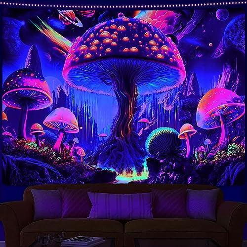 Alishomtll Schwarzlicht Pilz Wandteppich UV Mondphase Pilz Wandteppich, Fluoreszierende Botanische Sternennacht Wandtuch, Schlafzimmer Schlafsaal Wohnzimmer Ästhetische Wandbehang 210x150cm