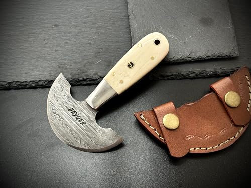 Handmade Damascus Steel Round Head Leather Cutting Knife | Bone Handle - Premium Craftsmanship for Precision Cuts | Durability (QD-10)