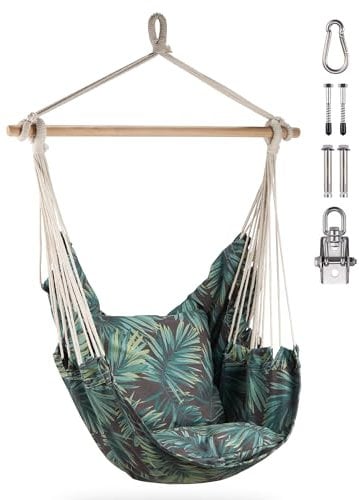 VonHaus Hanging Chair Outdoor with Attachments – Leaf Print Garden Swing Seat & Hammock Chair, 1 Seater Rope Tropical Style Jungle Print Portable Garden Seat for Garden, Patio & Terrace