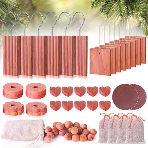 Woodever Cedar Blocks for Clothes Storage 56 Pcs, Cedar Planks with Metal Hooks, Cedar Rings and Balls, Cedar Scented Sachets, for Closets, Drawers, Bookshelves and Shoes Protection