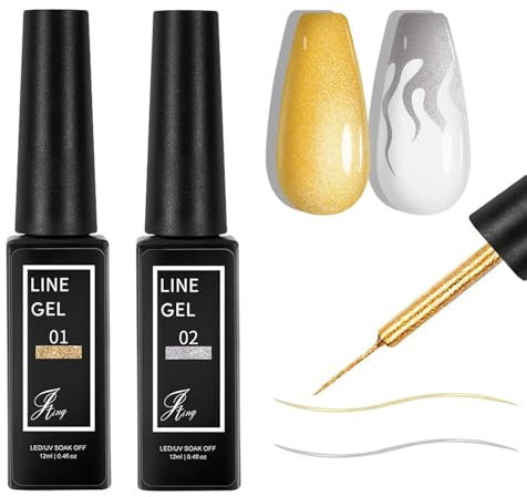 2PCS Gel Liner Nail Art Kit - Golden Silver Nail Art Gel Liner Nail Polish - Bright Glitter French Manicure Painted Nail Design - Built-In Thin Brush for Swirl Nail Liner Draw