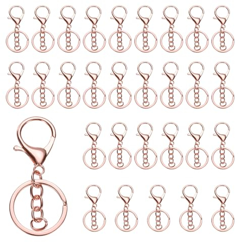 uxcell Lobster Claw Clasps Keychain, 30 Pcs Lobster Claw Clasp Hook with Flat Split Keychain Ring and Chain for DIY Craft Key Chain Accessories, Rose Gold