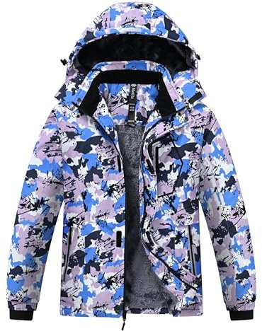 MoFiz Veste de Ski Garçon Hiver Chaud Blouson de Randonnée Imperméable en Polaire Coupe-Vent Neige Enfant Sport Manteau avec Capuche Amovible Camouflage Coloré L(13-16 ans)