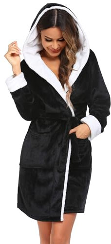 Ekouaer Accappatoio Donna Spugna Morbida Vestaglia con Cappuccio Pile con Tasche Velour Accappatoio Maniche Lunghe Invernale Nero S
