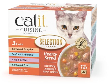 Catit Cuisine Variety Stew, Grain Free Wet Cat Food in Broth, Tender Meat Stew for Adult Cats, 95g Tetra Pack x12