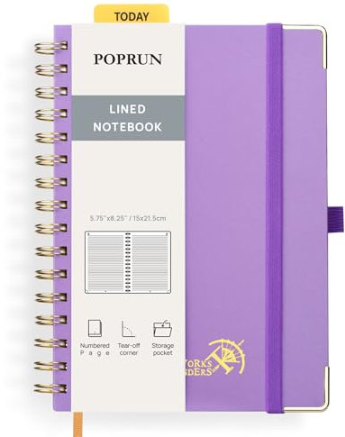 POPRUN Notizbuch A5 Liniert, Horizontal Line Journal, Spiral-Notizbücher 120 GSM Papier, 141 nummerierte Seiten, Hardcover mit Kleberegisterkarten und 8 Abreißblättern - VT(Violett)