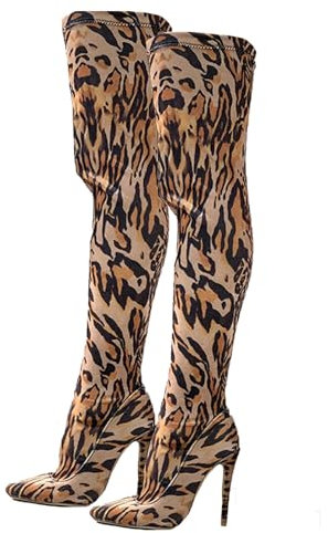 aixizi Stivali Alti Fino alla Coscia per Donna, Stivali Alti con Tacco a Spillo in Tessuto di Stoffa, Punta affilata, Tacco a Spillo in Tessuto con Stampa Leopardata Personalizzati,Leopardo,44.5 EU
