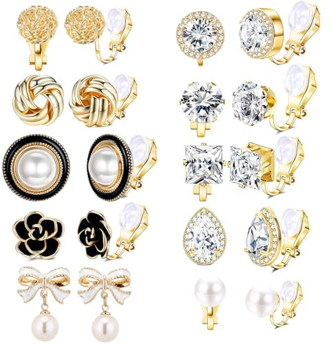 10 Paar Gold Clip Ohrringe für Damen, Mode Hypoallergen vergoldete Ohrclips Schmetterlings Perle Blume Zirkonia Steine Ohrclips ohne Ohrlöcher für Kinder Mädchen Modeschmuck Geschenk