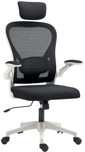 HOMCOM Executive Office Chair Ergonomic Mesh High Back Desk Chair Black | Flip-up Armrest, Rotatable Headrest, Adjustable Lumbar Support, for Home Study