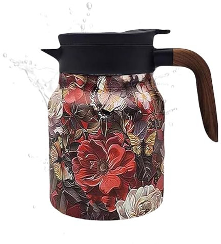 Tee-Thermoskanne mit Teesieb, Vintage Blumenmuster Tee-Thermoskanne mit Integriertem Sieb, Florale Thermokaraffe-Teekanne, Blumen Teekanne aus Edelstahl, Vakuumisoliert(Rot)