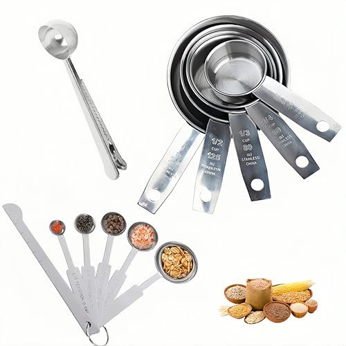 SereneJoy 12-Piece Stainless Steel Measuring Cups & Spoons Set, 0.3ml-250ml, with Leveler & Clip, for Salt, Powder, Flour, Liquids