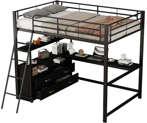 Hochbett mit Schreibtisch, Lattenrost, Leiter, Regal, Schubladen und Rausfallschutz, Metallbett, Jugendbett (schwarz, 140x200 cm)
