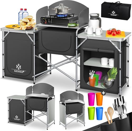 KESSER® Campingküche | Inkl. Tragetasche & Becherset | Campingschrank Faltschrank | mit Aluminiumgestell | Reiseküche | Küchenbox | Zeltschrank | Outdoor Camping Küche | Anthrazit | Typ Big