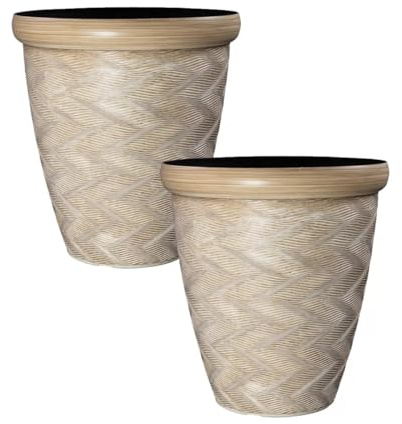 Fyne-Finds Round Beige Plant Pot 33cm Patterned Rim 14L Tall Woven Garden Indoor Outdoor Planter Cover Drainage Holes, Weather, Frost Proof, Gloss Finish (2)