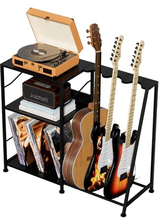 Hosfais Record Player Stand, 3 Tier Guitar Stand for Acoustic, Electric Guitar, Bass Stand, Vinyl Record Storage Up to 200 Albums, Brown Records Shelf for Living Room Bedroom (Black)